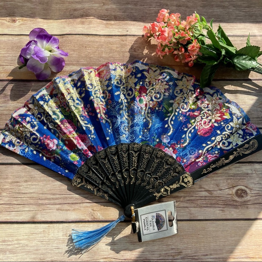 💋 Fold Fan Gold Glitter Lace Asian hand fan blue